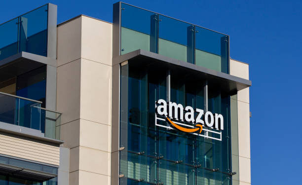 Palo Alto, CA, USA - Feb 18, 2020: The Amazon logo seen at Amazon campus in Palo Alto, California. The Palo Alto location hosts A9 Search, Amazon Web Services, and Amazon Game Studios teams.