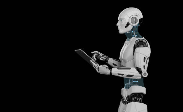 Humanoid robot holding digital tablet metaverse concept. 3d render