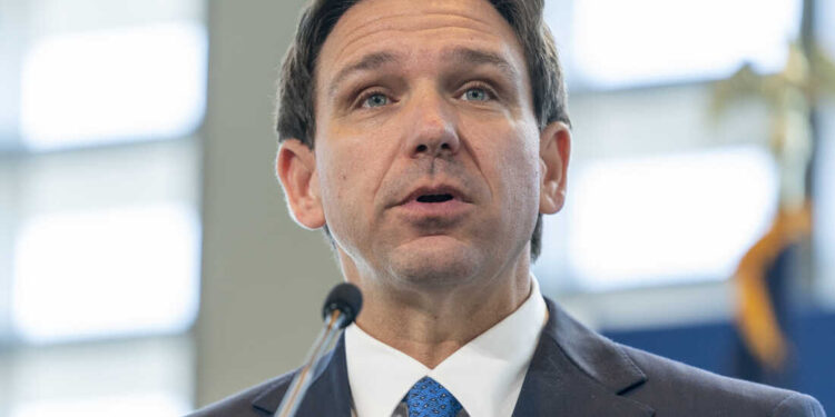 FILE - Florida Gov. Ron DeSantis speaks at the Heritage Foundation 50th Anniversary Celebration leadership summit, Friday, April 21, 2023, in Oxon Hill, Md. (AP Photo/Alex Brandon, File)