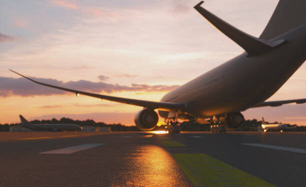 Empty airport at sunset, 3D generated image, generic location.