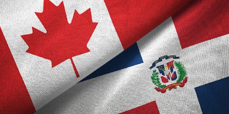 Dominican Republic and Canada flags together textile cloth, fabric texture