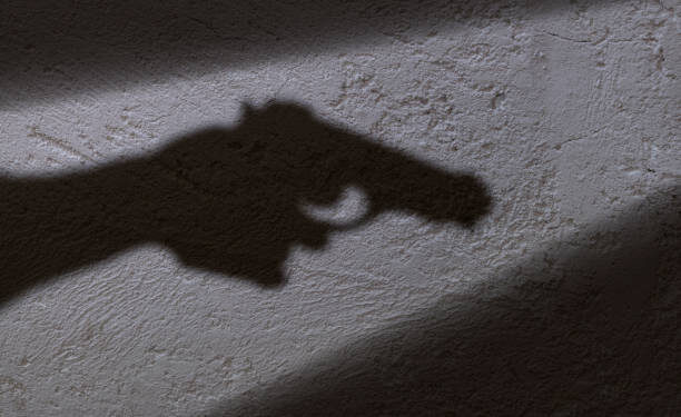 A shadow of a hand holding a gun in his hand.