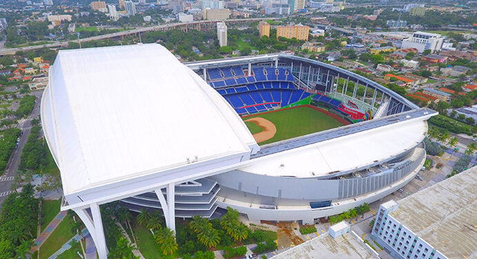 Miami, USA - October 12, 2016: Marlins Stadium Miami located at 501 Marlins Way completed and opened in 2012 home to the Florida Marlins Baseball team.