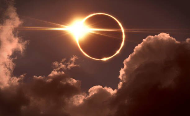 Total eclipse of the Sun. The moon covers the sun in a solar eclipse.