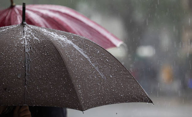 Particular view of a wet grey and red umbrellas after the rain